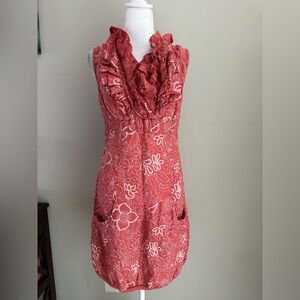 Romantic Coral Floral Ruffle Neck Sleeveless Dress - Summer Boho Made In Italy M